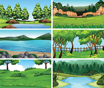 一组不同的自然场景池塘艺术森林岩石树木绿色衬套插图夹子植物图片