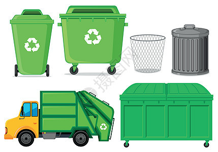 垃圾桶一套生态剪贴运输垃圾箱回收插图绿色垃圾塑料车辆图片