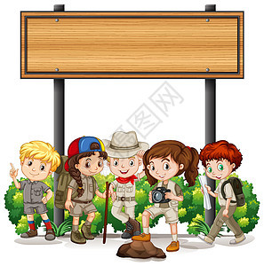 横幅模板设计与孩子们在木制 sig 下队友卡通片朋友瞳孔教育友谊男孩们孩子青年多样性图片