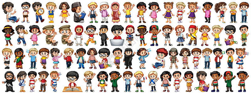 白色背景下不同国籍的儿童微笑姐姐男生女性团体好朋友少年卡通片女孩男孩们图片