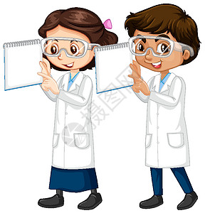 时代女性拿着笔记的科学长袍的男孩和女孩插画