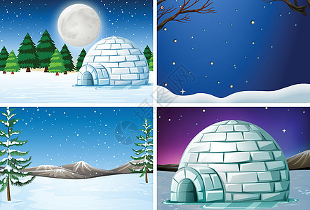 冬季景观集夹子房子艺术庇护所冰屋绘画插图极光卡通片月亮图片