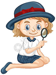 在孤立的背景上用放大镜的女孩戏服情感衣服卡通片童年女性瞳孔绘画孩子们艺术图片