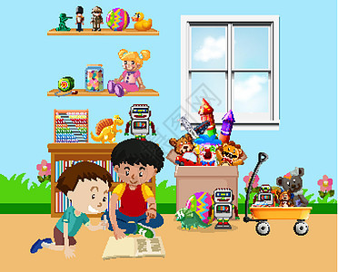 孩子们在房间里玩耍的场景学习瞳孔男性阅读学生学校班级玩具微笑插图图片