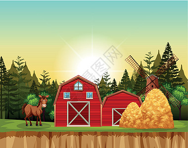 红色谷仓和马场景图片