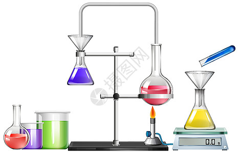 白色背景上的科学设备集烧杯夹子实验工具实验室绘画意义生物化学试管图片