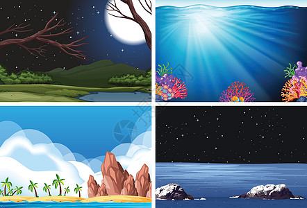 组的自然场景夹子月亮绿色季节绘画孤岛卡通片森林艺术收藏图片