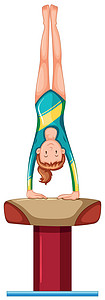 可爱的体操女孩在 vaul 上做倒立图片