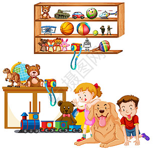白色背景上装满书籍和玩具的架子班级机器动物动物群球形场景插图毛皮学校阅读图片