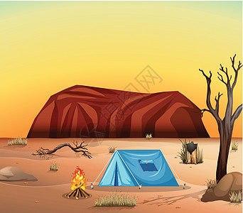 在沙漠中露营橙子天空石头篝火岩石野营阳光绘画艺术夹子图片