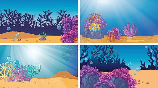 一组不同的水下场景艺术珊瑚卡通片夹子插图粉色海洋阳光墙纸气泡图片