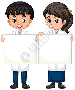 穿着科学长袍的男孩和女孩站在白色背景上青年少年微笑实验学习科学家边界时代木板衣服图片