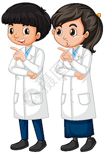 穿着科学长袍的男孩和女孩站在白色背景上男生科学家瞳孔微笑学生教育童年情感意义男孩们图片