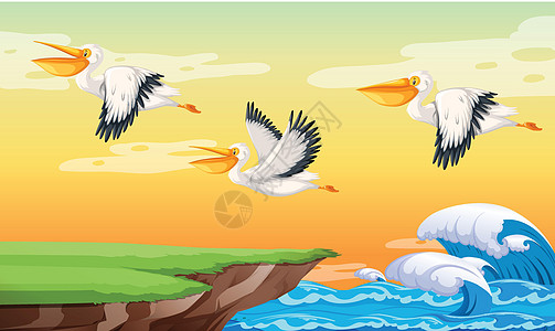 鹈鹕在 sk 上飞野生动物卡通片海洋艺术插图橙子飞行绘画海浪夹子图片