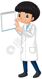 男孩在实验室长袍与白色背景上的笔记本图片