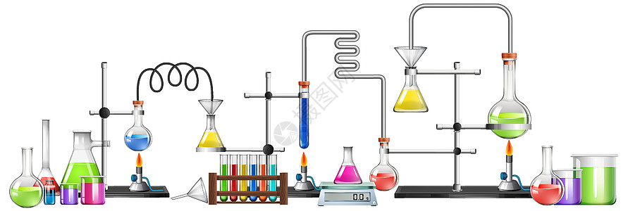 白色背景上的科学设备实验室液体夹子化学插图试管烧杯生物卡通片漏斗图片