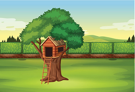 公园场景中的树屋绿色树篱绘画树叶梯子墙纸插图后院叶子艺术图片