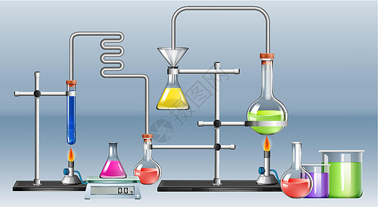 有许多设备的科学实验室生活卡通片烧杯漏斗生物学实验化学品教育艺术夹子图片