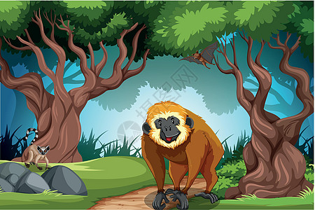 野外森林中的猴子夹子异国热带植物学野生动物插图情调丛林环境绘画图片