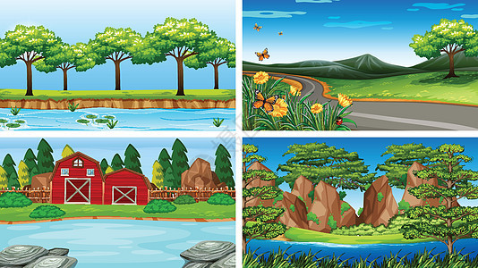 一组自然场景墙纸艺术衬套农场夹子绘画插图植物岩石绿色图片