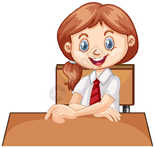 一个快乐的女孩坐在 des卡通片插图桌子瞳孔女性微笑童年情感艺术绘画图片
