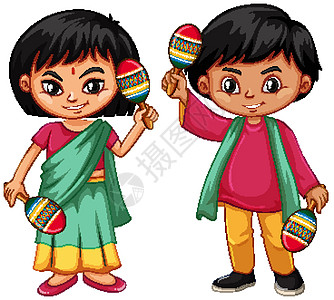 印度孩子在白色背景上拿着马拉卡斯男孩们童年乐器孩子们男性插图青年摇床绘画音乐图片