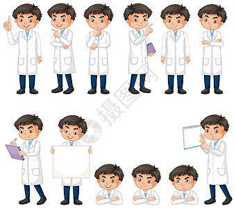 一组穿着白色背景科学长袍的男孩图片