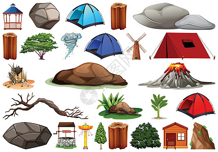 户外自然主题物品和植物元素的收集花园公园卡通片风景小路帐篷巨石树木团体树叶图片