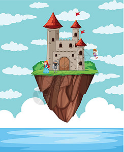 海洋之上的城堡岛卡通片骑士历史公主场景插图王国建筑艺术绘画图片