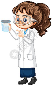 在白色背景上的实验室长袍的女孩实验青年表演教育科学插图杯子液体学生戏服图片