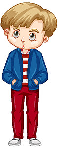 穿蓝色夹克和红色裤子的可爱男孩图片