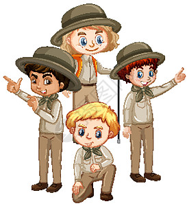 棕色制服的四个孩子时代女孩女性童年卡通片孩子们戏服插图绘画青年图片