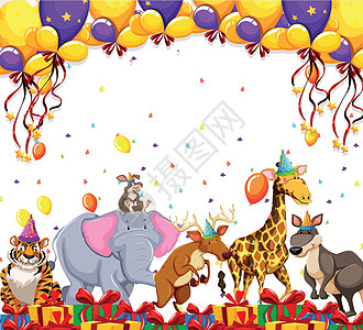 动物派对庆祝概念袋鼠夹子气球驯鹿卡通片纸屑插图礼物麋鹿帽子图片