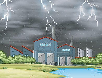 风暴雨工厂场景中的雷声插画
