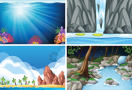 四个不同的自然场景海洋珊瑚插图岩石乐趣荷叶海滩池塘夹子艺术图片