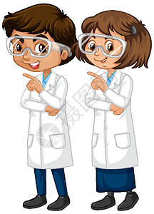 穿着科学长袍的男孩和女孩站在白色背景上瞳孔衣服实验女士微笑卡通片情感插图表演男孩们图片