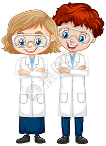 时代女性穿着科学长袍的男孩和女孩在孤立的背景下微笑教育男性绘画女性青年学习学生男孩们情感插画