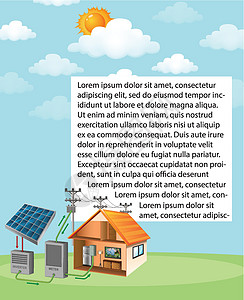 显示太阳能电池如何在家中工作的图表措辞教育学习全球活力阳光地球行星卡通片气体图片
