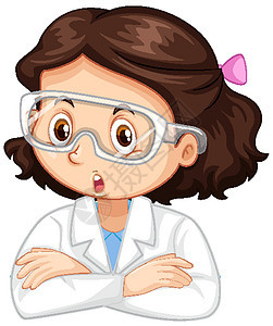 白色背景上穿着科学长袍的女孩教育女性实验室瞳孔孩子们戏服绘画科学家学习学生图片