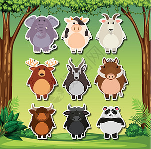 一套野生动物贴纸荒野季节奶牛动物场地环境绿色熊猫山羊卡通片图片