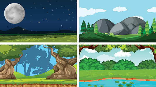 自然环境中的一组场景艺术植物池塘天空卡通片插图风景绘画树叶团体图片