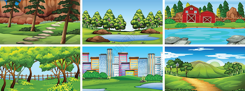 自然环境中的一组场景池塘团体植物绿色艺术风景树叶插图卡通片绘画图片