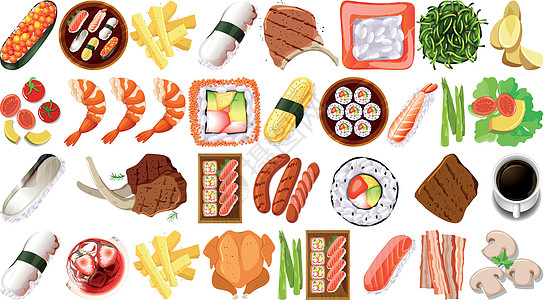 套不同的食物绿色卡通片艺术筹码肋骨食品夹子香肠寿司白色图片
