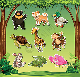 一套野生动物贴纸场地荒野季节卡通片鳄鱼动物天空艺术环境绿色图片
