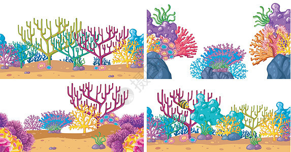 一套水下珊瑚场景海洋蓝色绘画艺术夹子紫色插图粉色黄色图片