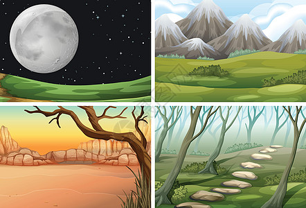 一组不同的场景艺术插图风景森林沙漠绘画蓝色天空环境夹子图片