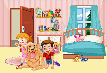儿童和宠物狗在卧室孩子们卡通片玩具乐趣女孩动物群动物娱乐孩子房子图片
