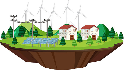 带太阳能电池和风力涡轮机的场景房屋图片