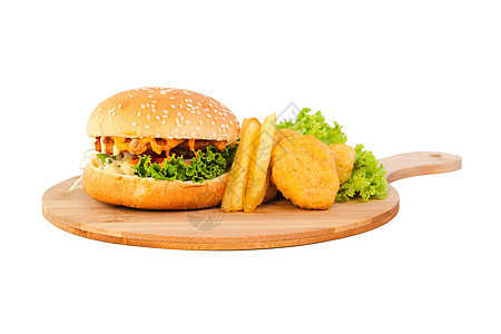 鸡肉汉堡包和薯条 在白色背景的木板上 加面包盘图片