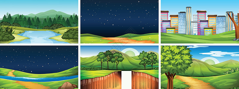 一组不同的场景环境绘画公园树木建筑物墙纸艺术夹子城市插图图片